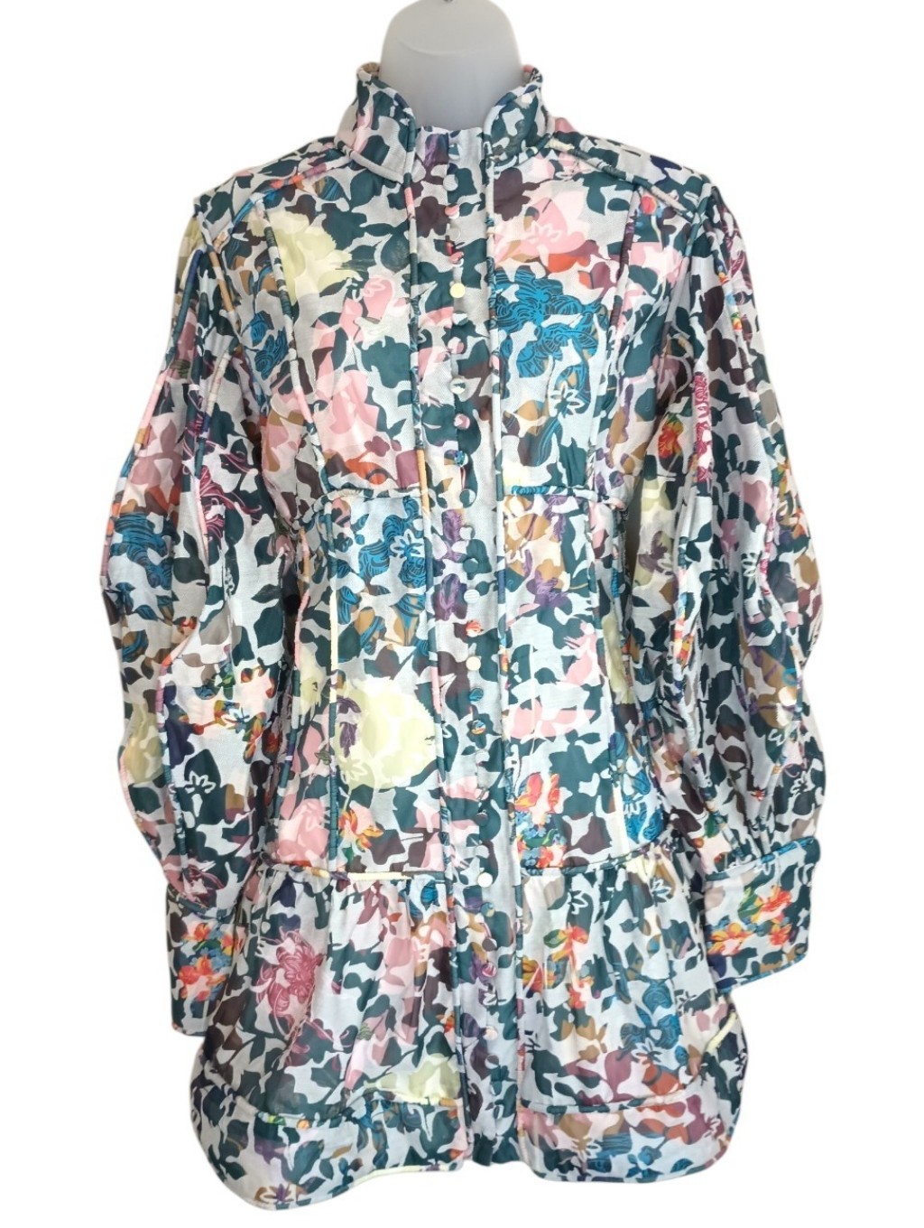 Mackenziemode Maverick High Neck Puff-Sleeve Mini Dress In Multicolor Leaf Print